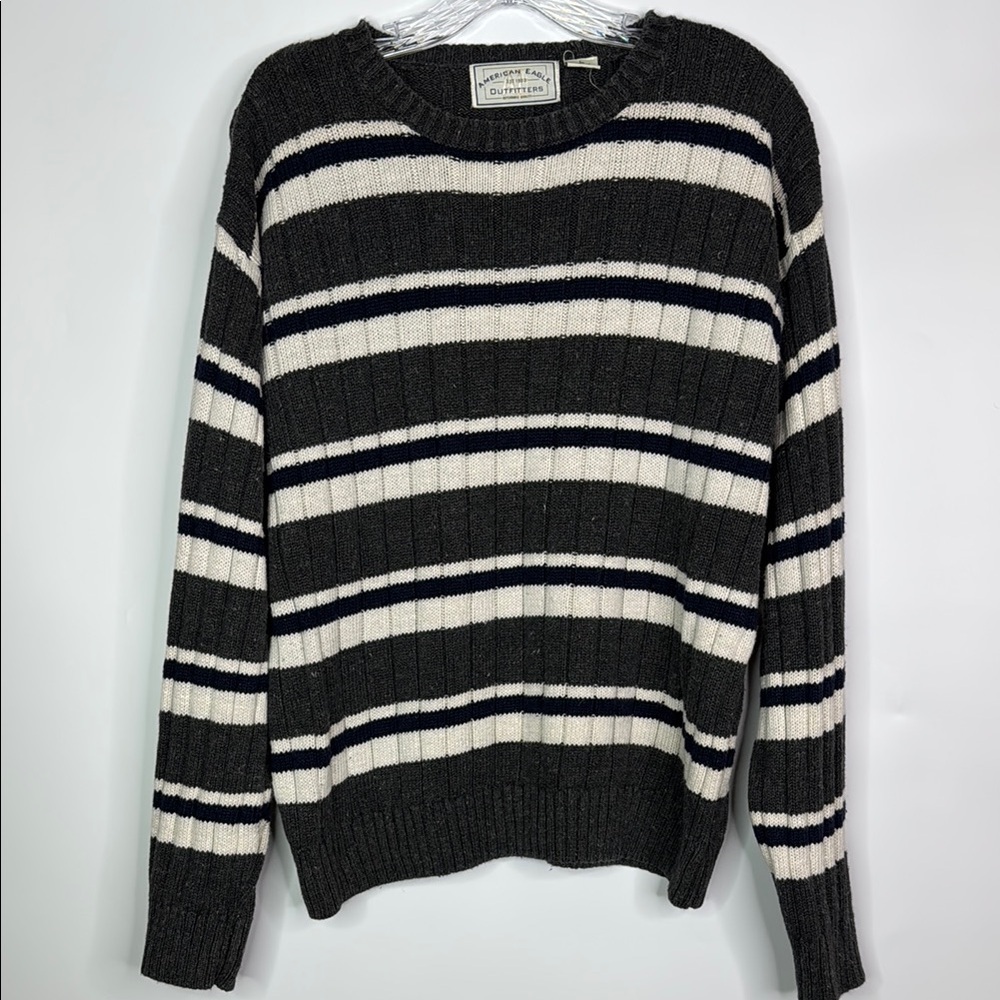 Vintage American Eagle Gray Navy Striped Crewneck Knit Sweater Size Large